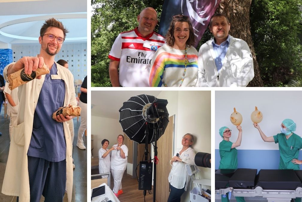 Collage aus vier Fotos: Links hält ein lächelnder Mann in medizinischer Kleidung eingepackte Snacks in die Kamera. Oben rechts stehen drei Personen draußen vor einem Baum und lächeln. Unten links posieren drei Personen in einem Raum neben einer großen Studioleuchte. Unten rechts stehen zwei Personen in OP-Kleidung und halten Luftballons mit aufgemalten Gesichtern über Behandlungsliegen.