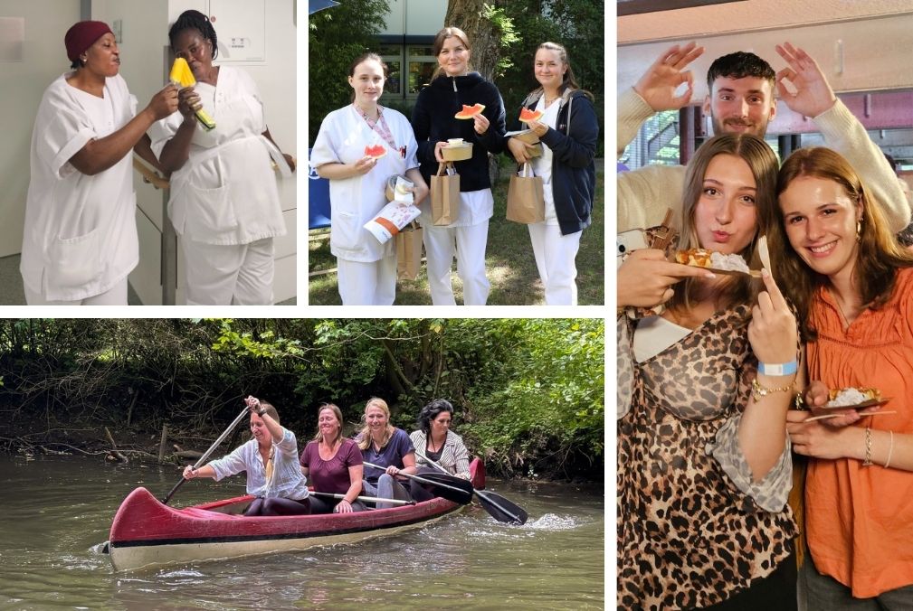 Collage aus vier Fotos: Oben links stehen zwei junge Frauen in einem Flur und essen Snacks. Oben mittig sitzen drei Personen an einem Tisch und legen ihre Hände übereinander. Rechts posieren drei medizinische Mitarbeitende draußen vor einem Gebäude mit Essen in der Hand. Unten zeigt ein Gruppenfoto viele Menschen, die gemeinsam in die Kamera lächeln.