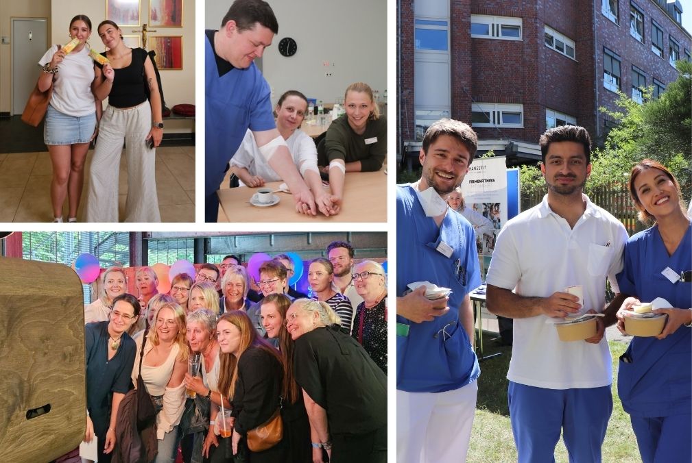 Collage aus vier Fotos: Oben links stehen zwei Frauen in Arbeitskleidung und halten ein Eis, während sie sich unterhalten. Oben mittig stehen drei Personen draußen mit Essen und Getränken. Rechts posieren drei junge Menschen nah beieinander und lächeln mit Snacks in der Hand. Unten fahren vier Frauen gemeinsam in einem Kanu auf einem ruhigen Fluss.